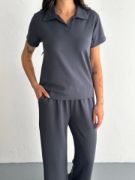 Osy Modal Yumuşak Dokulu Kumaş Kısa Kollu Yakalı T-shirt Pantalon Ikili Takım- Antrasit resmi